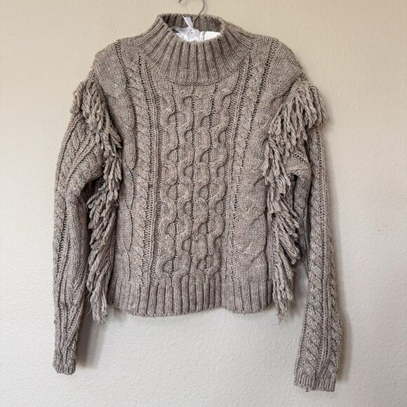 Universal Thread Women Knit Sweater Small Grey Beige Cable Knit Fringe High Neck - Picture 3 of 9